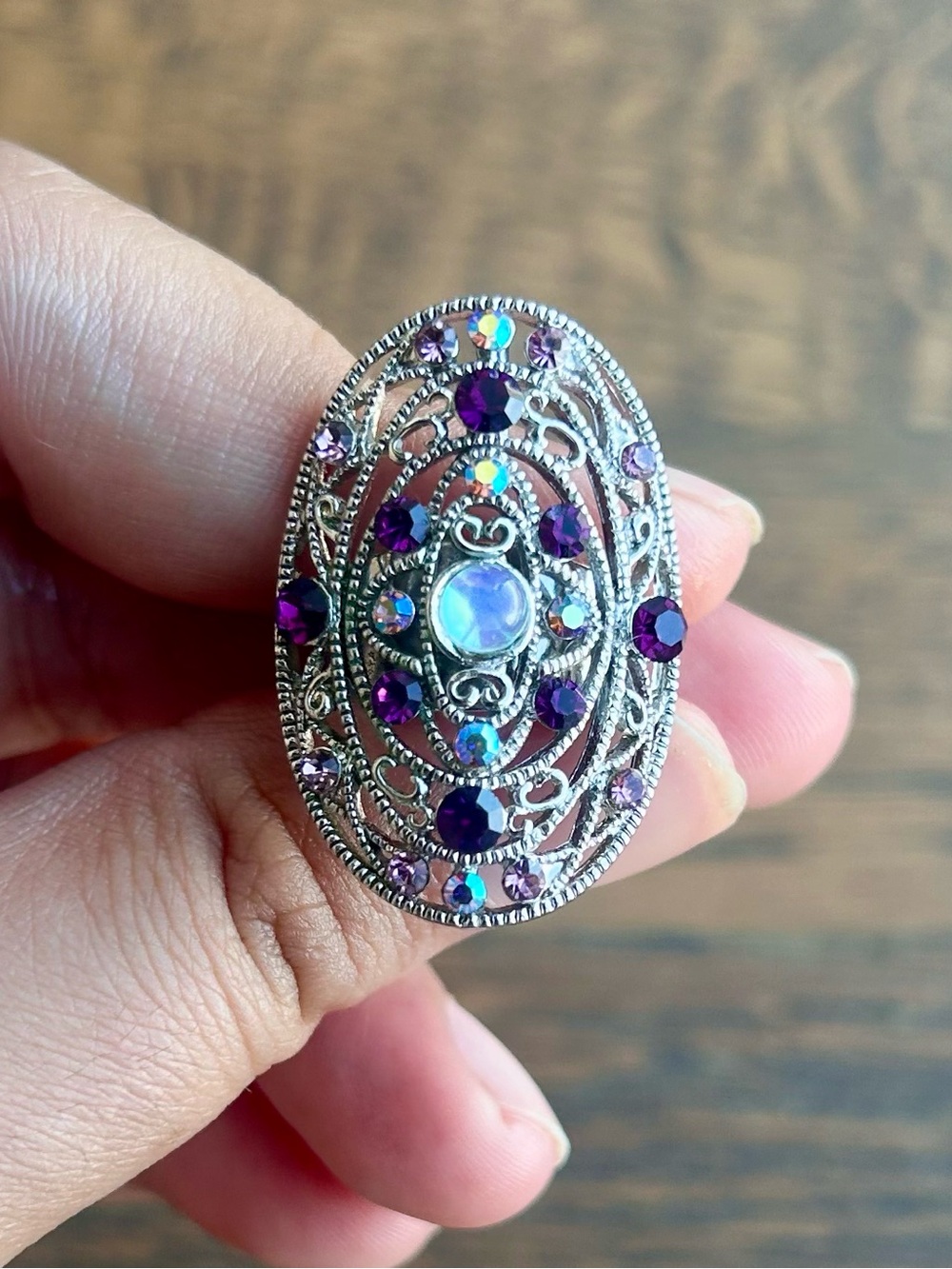 Vintage-Inspired Purple and Iridescent Oval Statement Ring